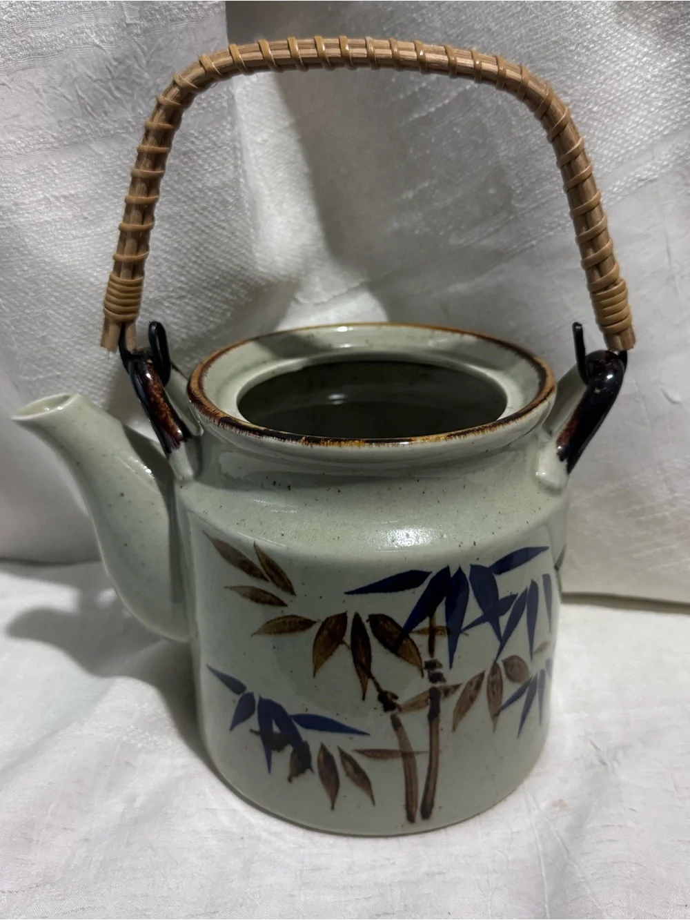 Vintage Japanese Stoneware Teapot Bamboo Handle Hand Painted Bamboo Motif
